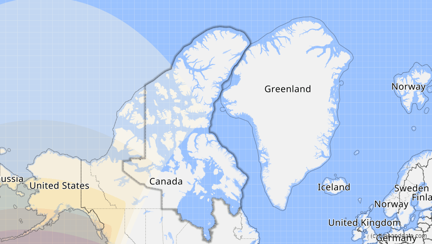 A map of Nunavut, Kanada, showing the path of the 19–20. Apr 2042 Totale Sonnenfinsternis