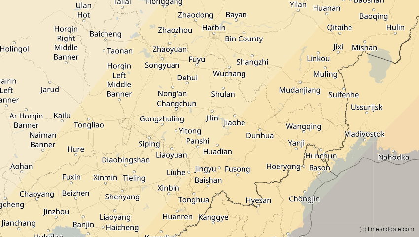 A map of Jilin, China, showing the path of the 20. Apr 2042 Totale Sonnenfinsternis