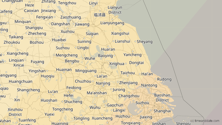 A map of Jiangsu, China, showing the path of the 20. Apr 2042 Totale Sonnenfinsternis