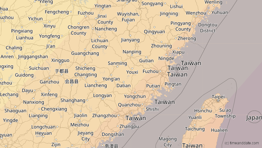 A map of Fujian, China, showing the path of the 20. Apr 2042 Totale Sonnenfinsternis
