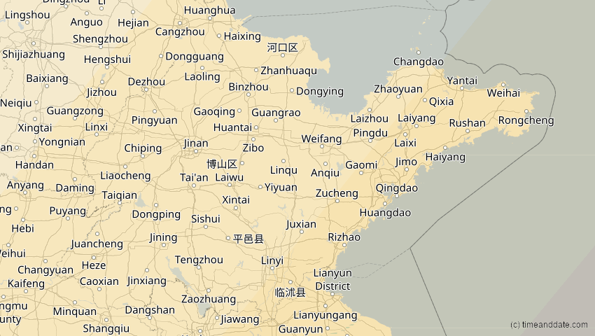 A map of Shandong, China, showing the path of the 20. Apr 2042 Totale Sonnenfinsternis