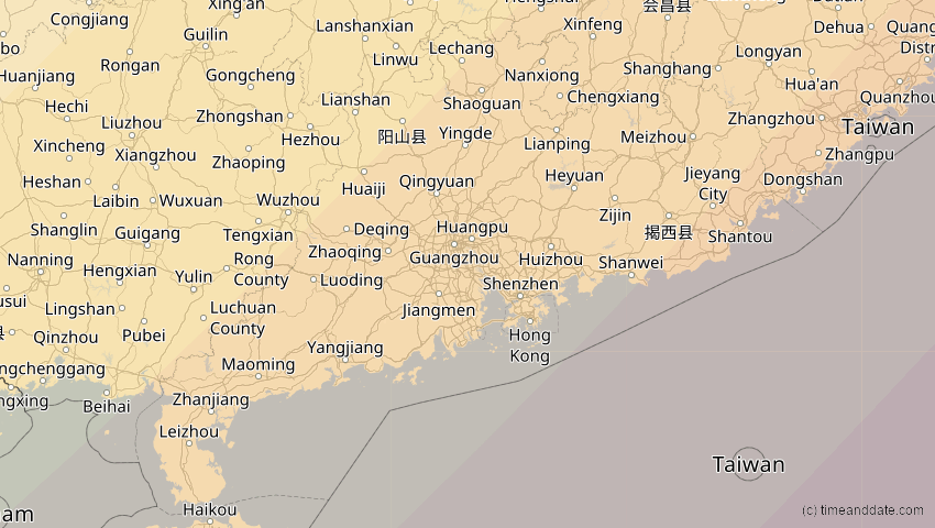 A map of Guangdong, China, showing the path of the 20. Apr 2042 Totale Sonnenfinsternis