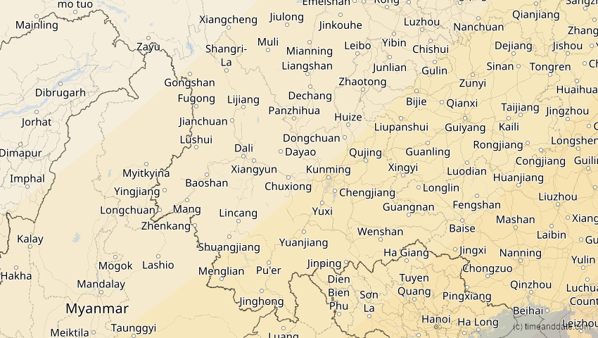A map of Yunnan, China, showing the path of the 20. Apr 2042 Totale Sonnenfinsternis