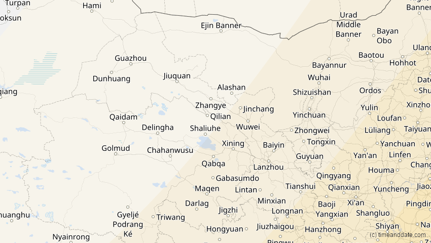 A map of Gansu, China, showing the path of the 20. Apr 2042 Totale Sonnenfinsternis