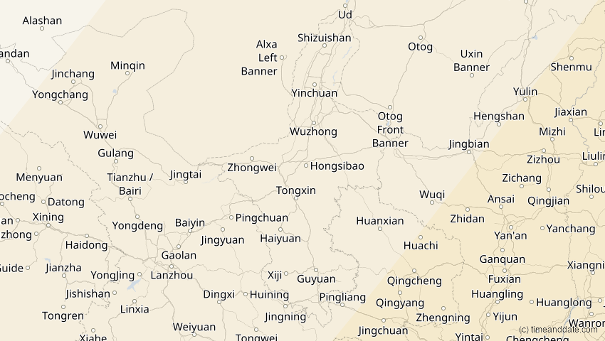 A map of Ningxia, China, showing the path of the 20. Apr 2042 Totale Sonnenfinsternis
