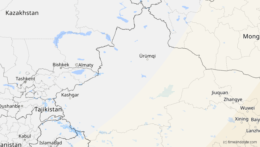 A map of Xinjiang, China, showing the path of the 20. Apr 2042 Totale Sonnenfinsternis