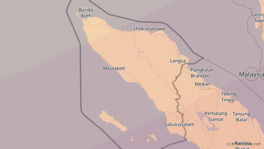 A map of Aceh, Indonesien, showing the path of the 20. Apr 2042 Totale Sonnenfinsternis