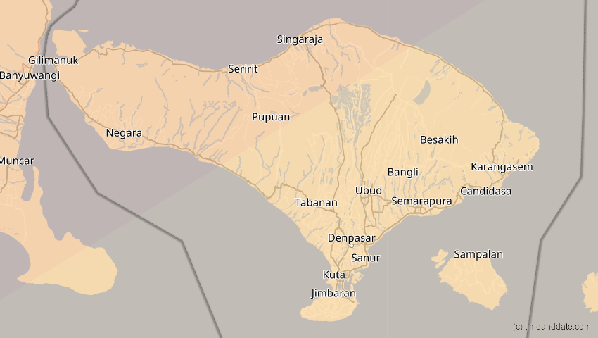 A map of Bali, Indonesien, showing the path of the 20. Apr 2042 Totale Sonnenfinsternis
