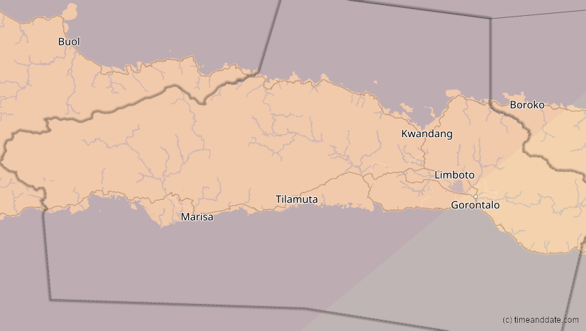 A map of Gorontalo, Indonesien, showing the path of the 20. Apr 2042 Totale Sonnenfinsternis
