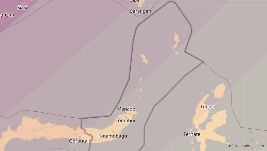 A map of Sulawesi Utara, Indonesien, showing the path of the 20. Apr 2042 Totale Sonnenfinsternis