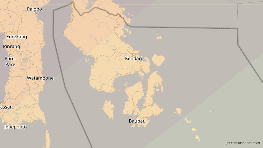 A map of Sulawesi Tenggara, Indonesien, showing the path of the 20. Apr 2042 Totale Sonnenfinsternis