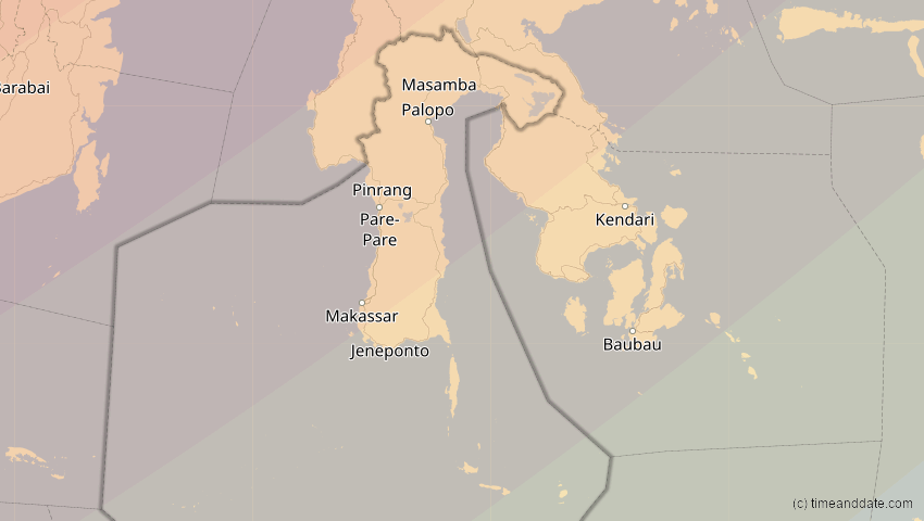 A map of Sulawesi Selatan, Indonesien, showing the path of the 20. Apr 2042 Totale Sonnenfinsternis
