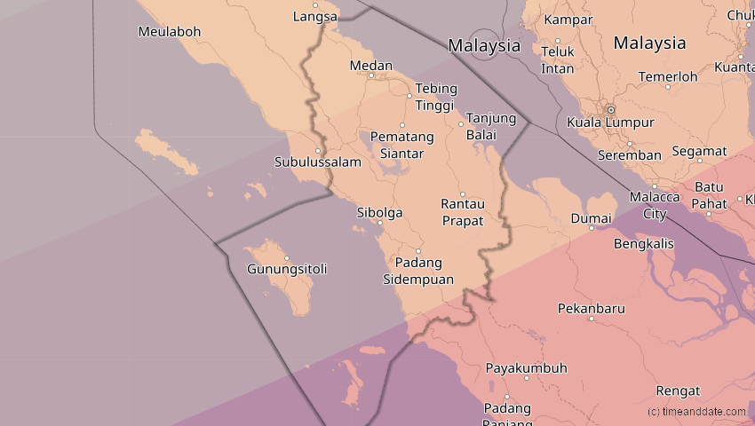 A map of Sumatera Utara, Indonesien, showing the path of the 20. Apr 2042 Totale Sonnenfinsternis