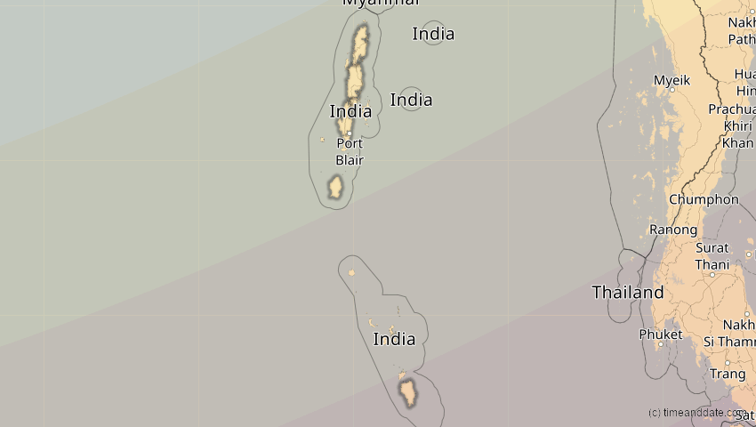 A map of Andamanen und Nikobaren, Indien, showing the path of the 20. Apr 2042 Totale Sonnenfinsternis