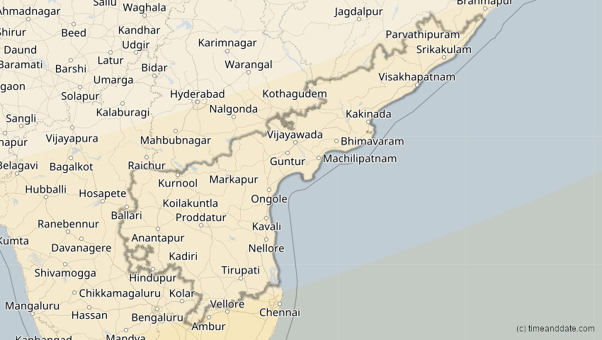 A map of Andhra Pradesh, Indien, showing the path of the 20. Apr 2042 Totale Sonnenfinsternis