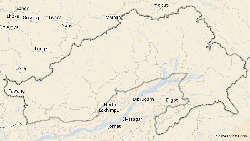 A map of Arunachal Pradesh, Indien, showing the path of the 20. Apr 2042 Totale Sonnenfinsternis