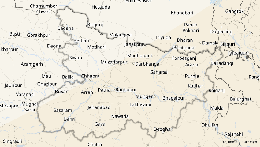 A map of Bihar, Indien, showing the path of the 20. Apr 2042 Totale Sonnenfinsternis