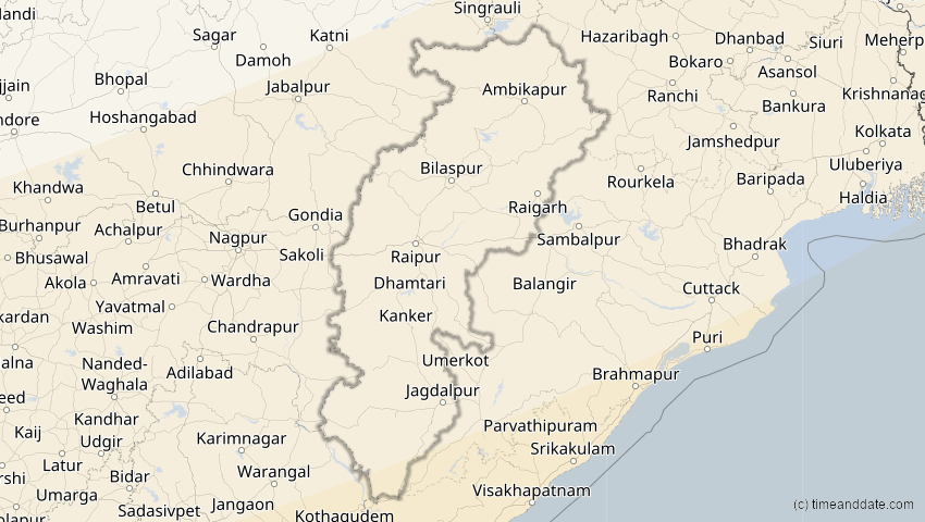 A map of Chhattisgarh, Indien, showing the path of the 20. Apr 2042 Totale Sonnenfinsternis