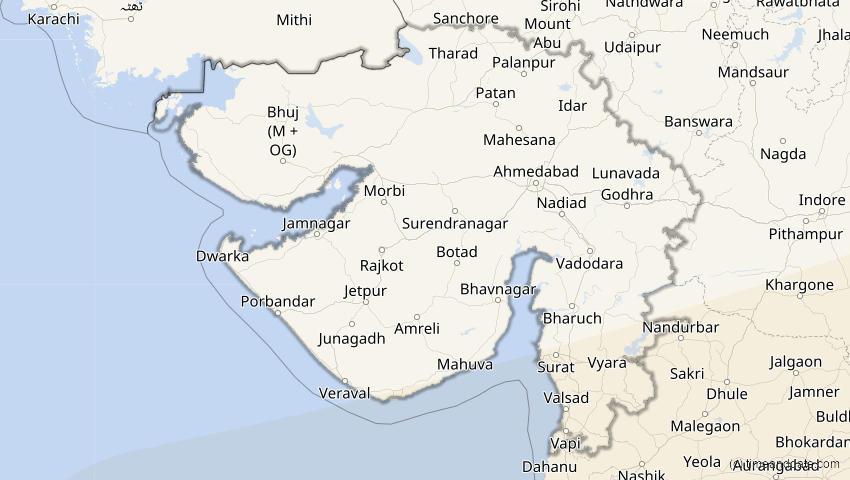 A map of Gujarat, Indien, showing the path of the 20. Apr 2042 Totale Sonnenfinsternis