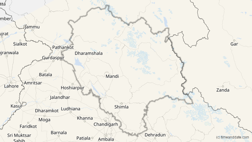 A map of Himachal Pradesh, Indien, showing the path of the 20. Apr 2042 Totale Sonnenfinsternis