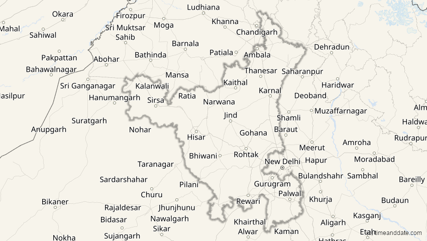 A map of Haryana, Indien, showing the path of the 20. Apr 2042 Totale Sonnenfinsternis
