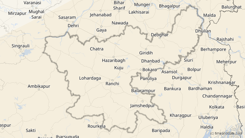 A map of Jharkhand, Indien, showing the path of the 20. Apr 2042 Totale Sonnenfinsternis