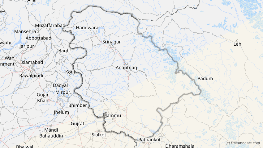 A map of Jammu und Kashmir, Indien, showing the path of the 20. Apr 2042 Totale Sonnenfinsternis