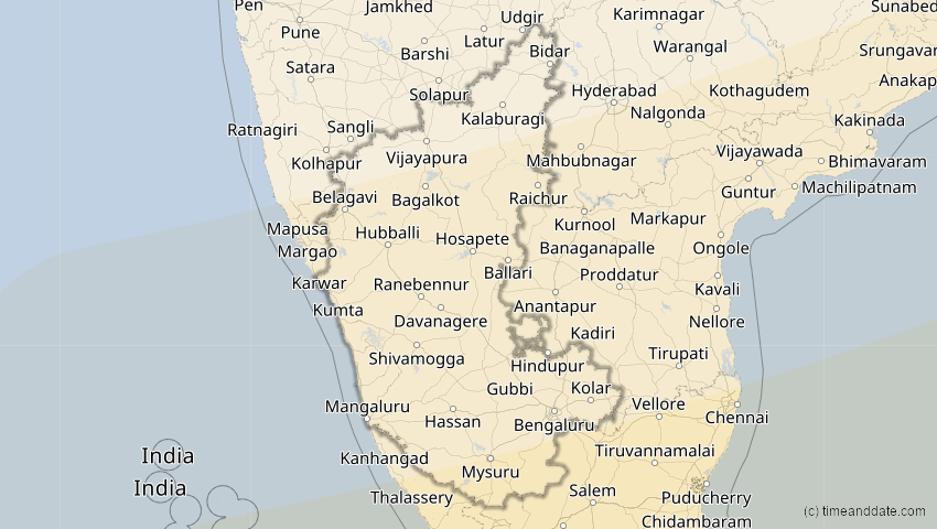 A map of Karnataka, Indien, showing the path of the 20. Apr 2042 Totale Sonnenfinsternis