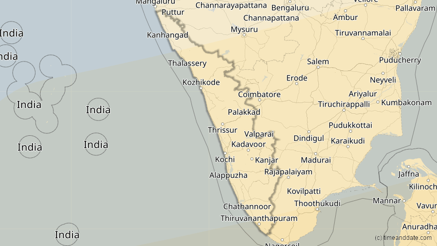 A map of Kerala, Indien, showing the path of the 20. Apr 2042 Totale Sonnenfinsternis