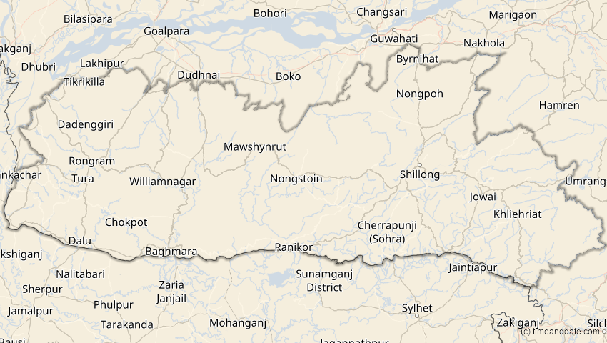 A map of Meghalaya, Indien, showing the path of the 20. Apr 2042 Totale Sonnenfinsternis