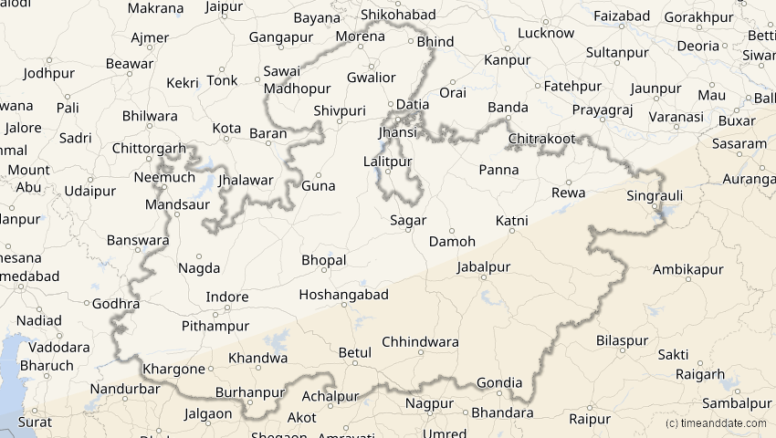 A map of Madhya Pradesh, Indien, showing the path of the 20. Apr 2042 Totale Sonnenfinsternis