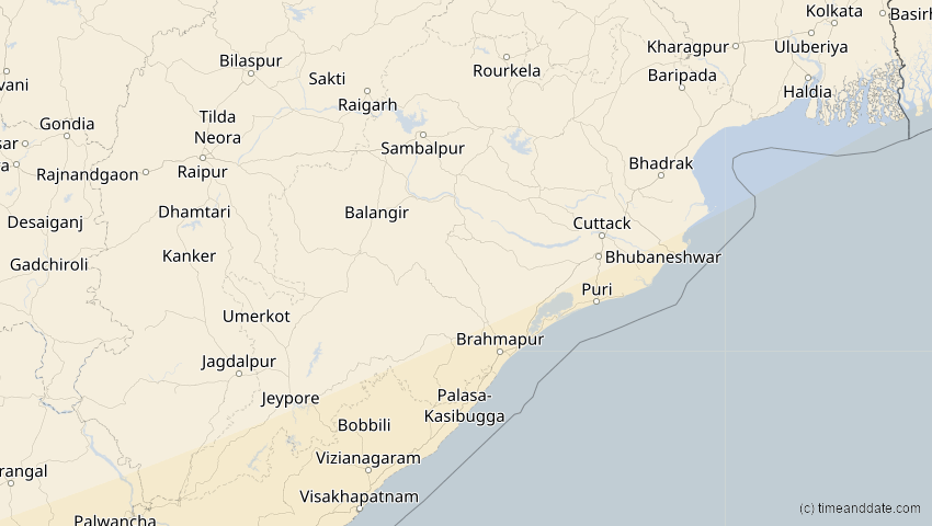 A map of Odisha, Indien, showing the path of the 20. Apr 2042 Totale Sonnenfinsternis