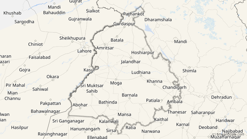 A map of Punjab, Indien, showing the path of the 20. Apr 2042 Totale Sonnenfinsternis