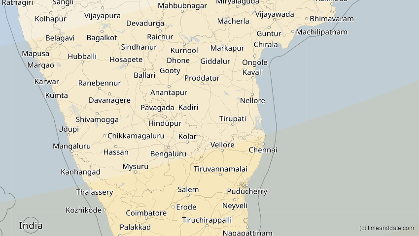 A map of Pondicherry, Indien, showing the path of the 20. Apr 2042 Totale Sonnenfinsternis