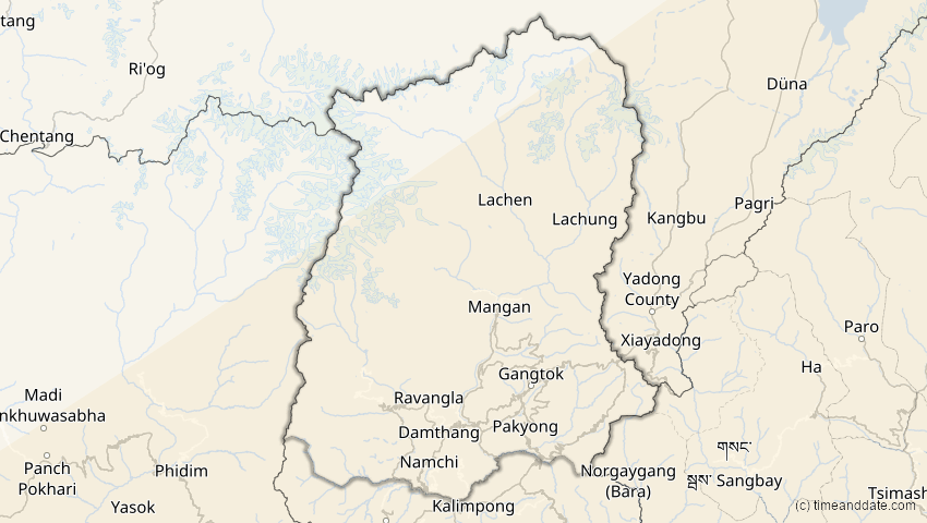 A map of Sikkim, Indien, showing the path of the 20. Apr 2042 Totale Sonnenfinsternis