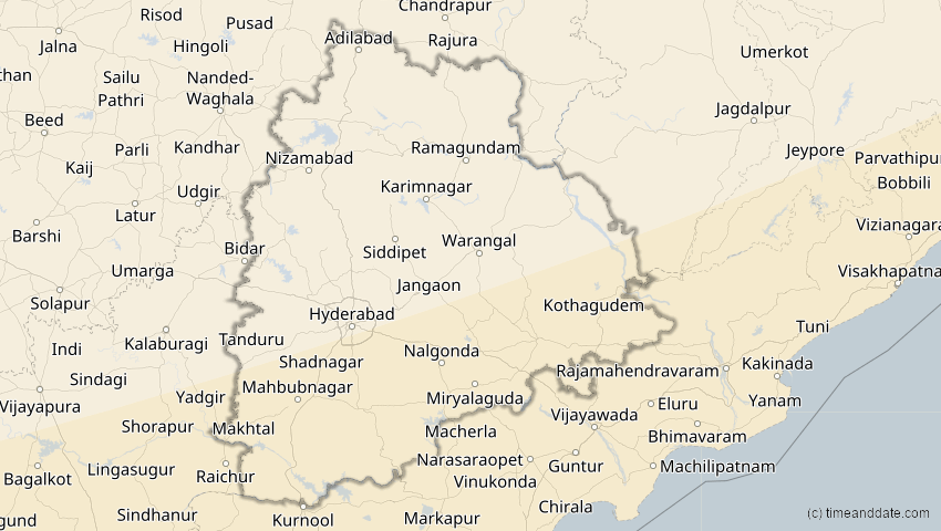 A map of Telangana, Indien, showing the path of the 20. Apr 2042 Totale Sonnenfinsternis