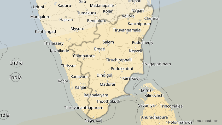 A map of Tamil Nadu, Indien, showing the path of the 20. Apr 2042 Totale Sonnenfinsternis