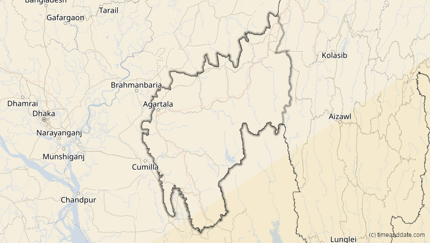 A map of Tripura, Indien, showing the path of the 20. Apr 2042 Totale Sonnenfinsternis