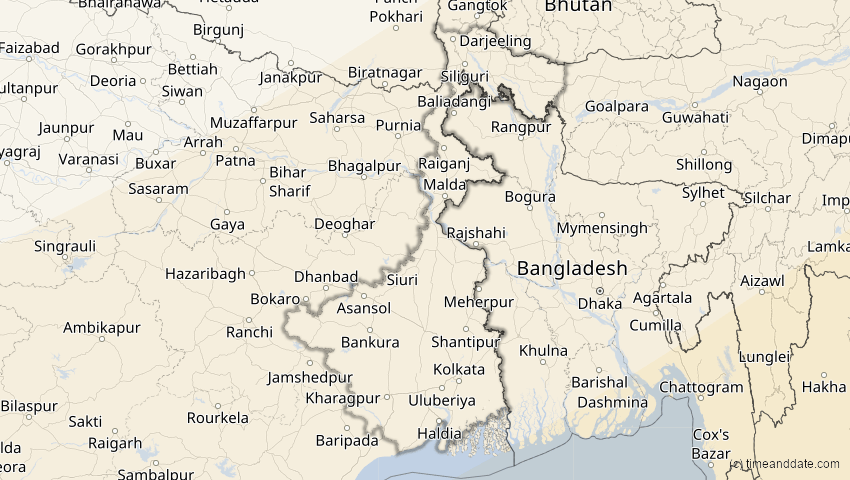 A map of Westbengalen, Indien, showing the path of the 20. Apr 2042 Totale Sonnenfinsternis