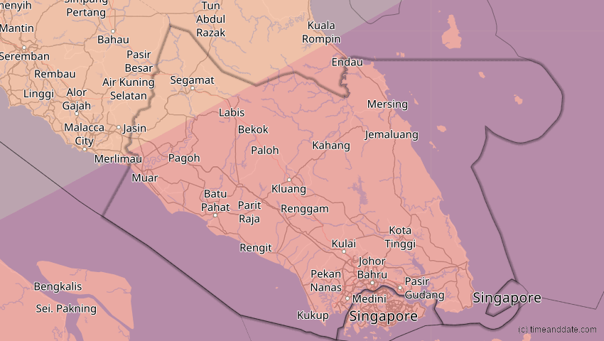 A map of Johor, Malaysia, showing the path of the 20. Apr 2042 Totale Sonnenfinsternis
