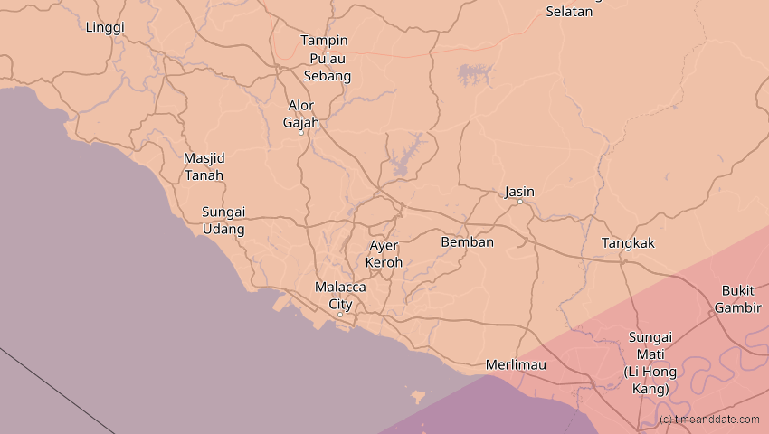 A map of Malakka, Malaysia, showing the path of the 20. Apr 2042 Totale Sonnenfinsternis