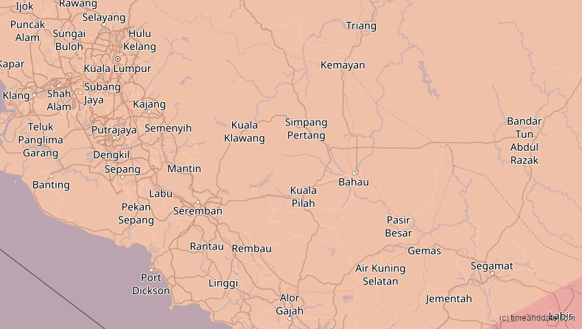 A map of Negeri Sembilan, Malaysia, showing the path of the 20. Apr 2042 Totale Sonnenfinsternis