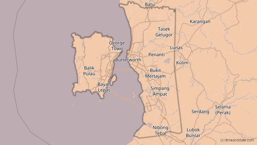 A map of Penang, Malaysia, showing the path of the 20. Apr 2042 Totale Sonnenfinsternis