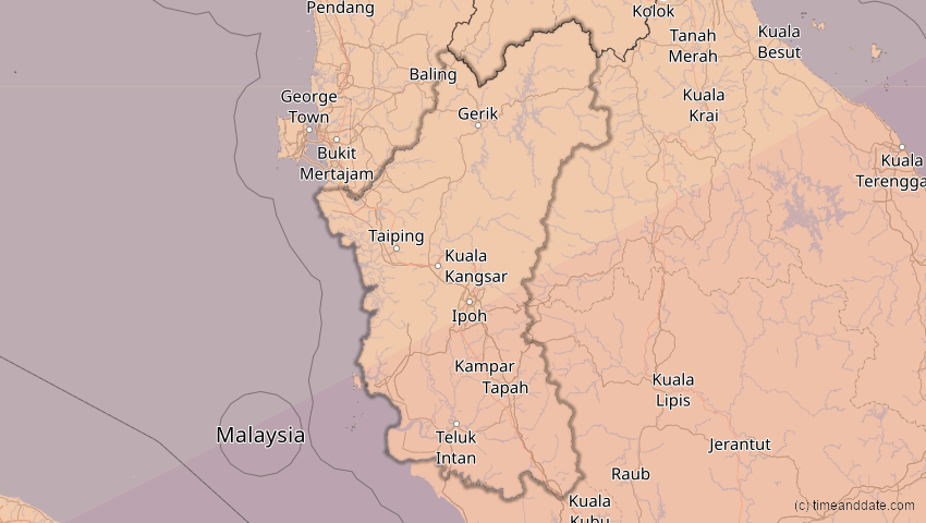 A map of Perak, Malaysia, showing the path of the 20. Apr 2042 Totale Sonnenfinsternis