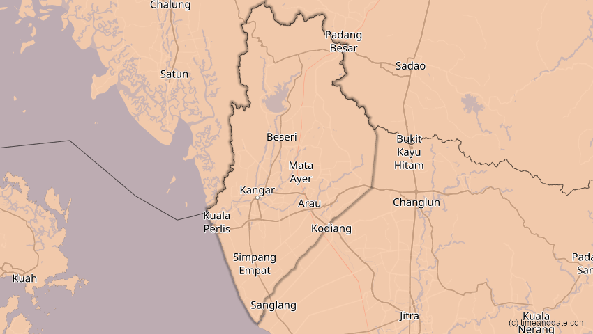 A map of Perlis, Malaysia, showing the path of the 20. Apr 2042 Totale Sonnenfinsternis