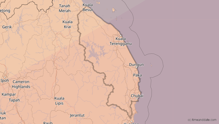 A map of Terengganu, Malaysia, showing the path of the 20. Apr 2042 Totale Sonnenfinsternis