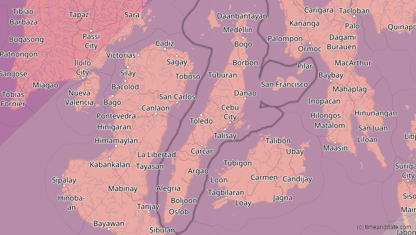 A map of Cebu, Philippinen, showing the path of the 20. Apr 2042 Totale Sonnenfinsternis