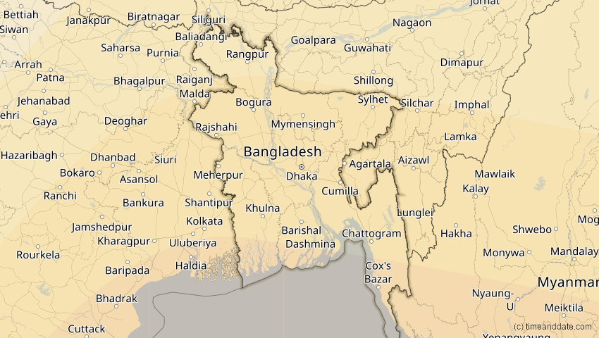 A map of Bangladesch, showing the path of the 14. Okt 2042 Ringförmige Sonnenfinsternis