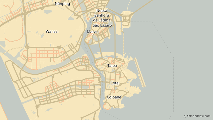 A map of Macao, showing the path of the 14. Okt 2042 Ringförmige Sonnenfinsternis