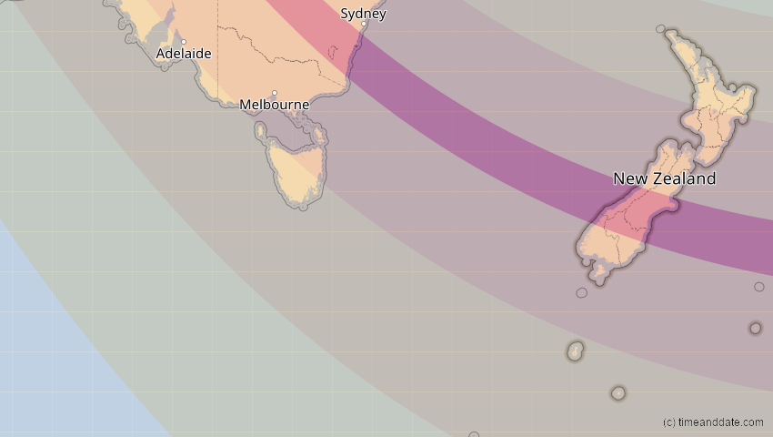 A map of Neuseeland, showing the path of the 14. Okt 2042 Ringförmige Sonnenfinsternis